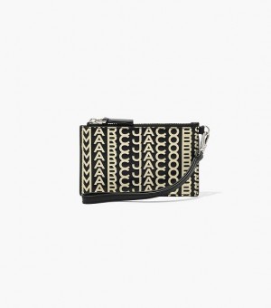 Black / White Marc Jacobs The Monogram Leather Top Zip Wristlet Women's Wallets | 95708KPNA