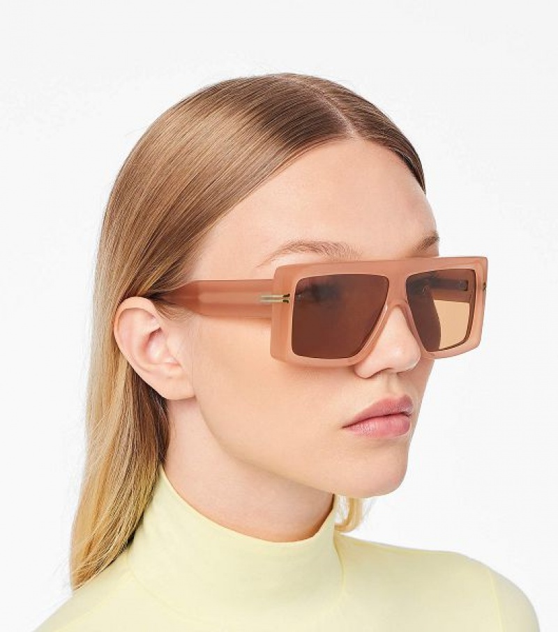 Beige Marc Jacobs Icon Rectangular Women's Sunglasses | 87095DPFX