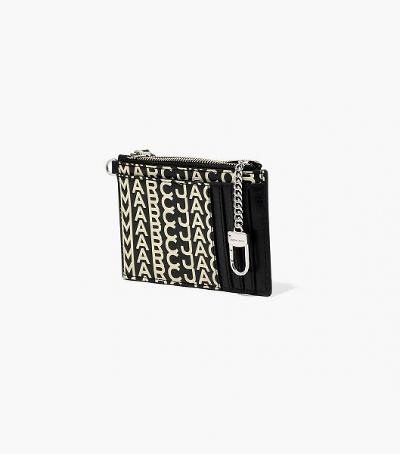 Black / White Marc Jacobs The Monogram Leather Top Zip Wristlet Women's Wallets | 95708KPNA