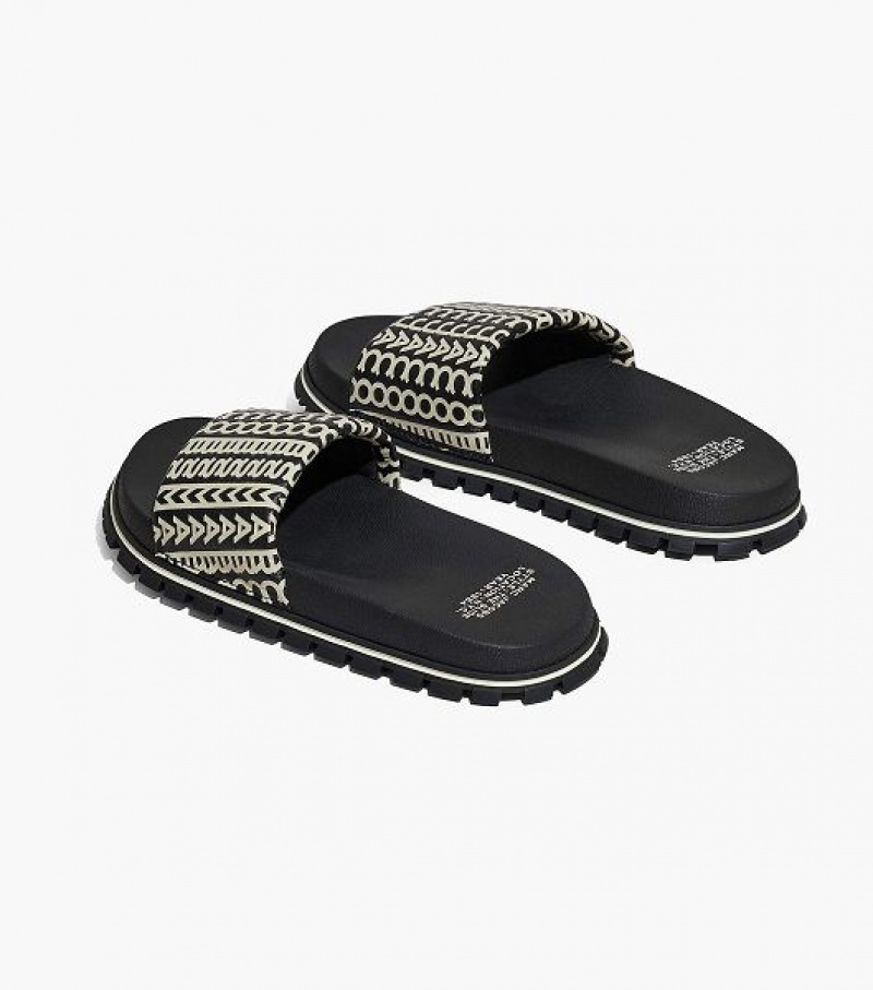 Black / White Marc Jacobs The Monogram Women's Slides | 93716YUEJ