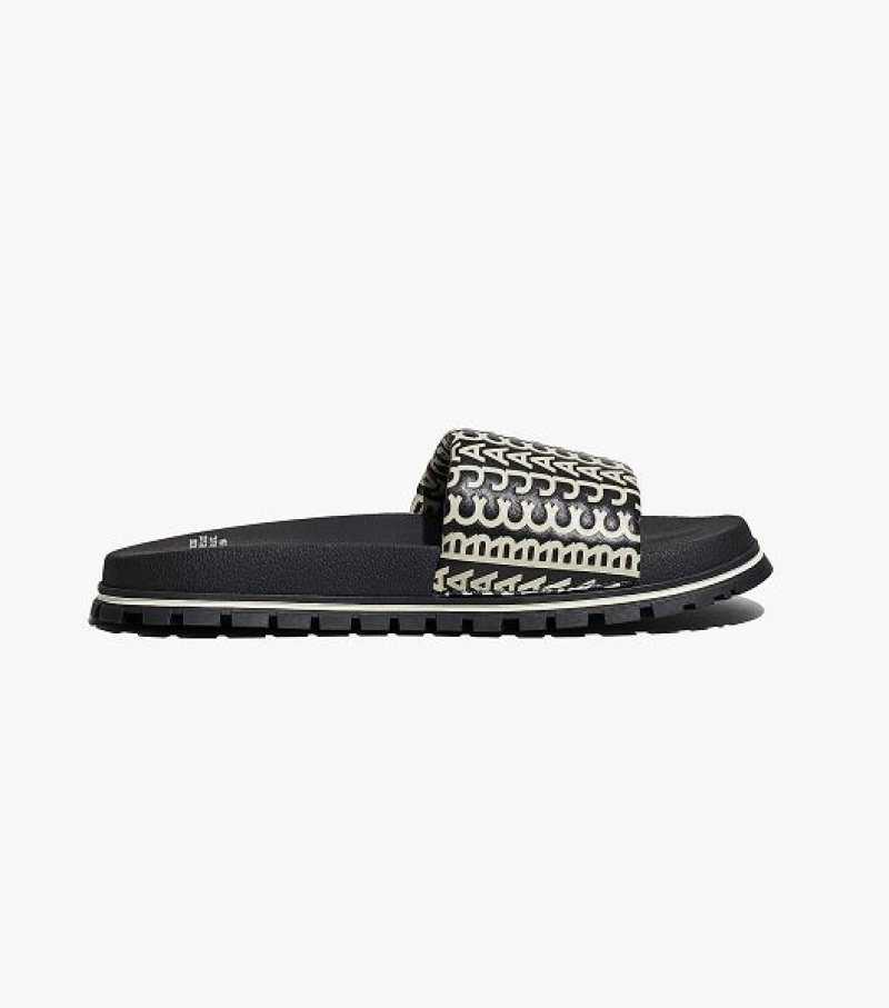 Black / White Marc Jacobs The Monogram Women's Slides | 93716YUEJ