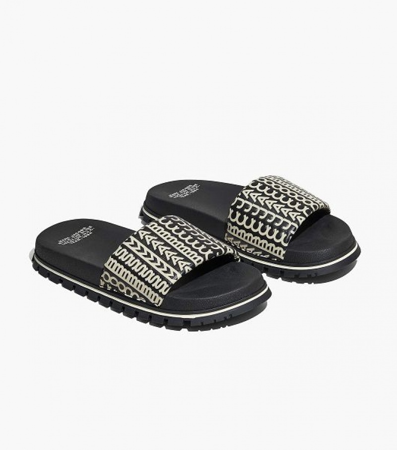 Black / White Marc Jacobs The Monogram Women\'s Slides | 93716YUEJ