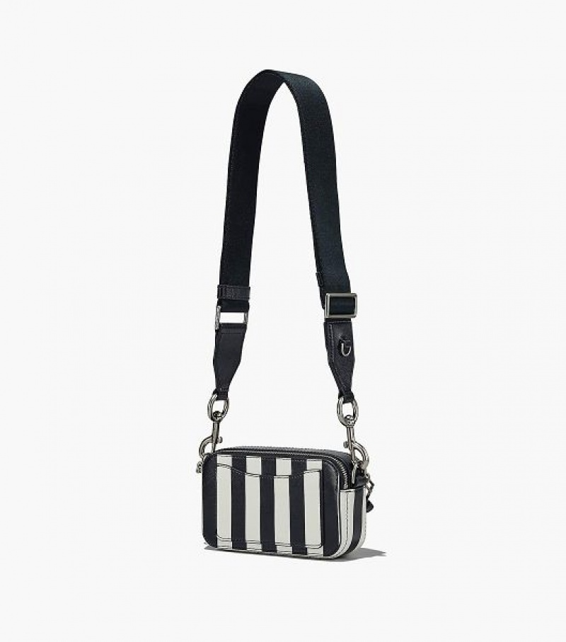 Black / White Marc Jacobs The Striped Snapshot Women's Crossbody Bags | 59763VNLQ