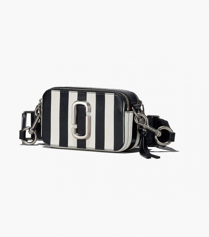 Black / White Marc Jacobs The Striped Snapshot Women's Crossbody Bags | 59763VNLQ