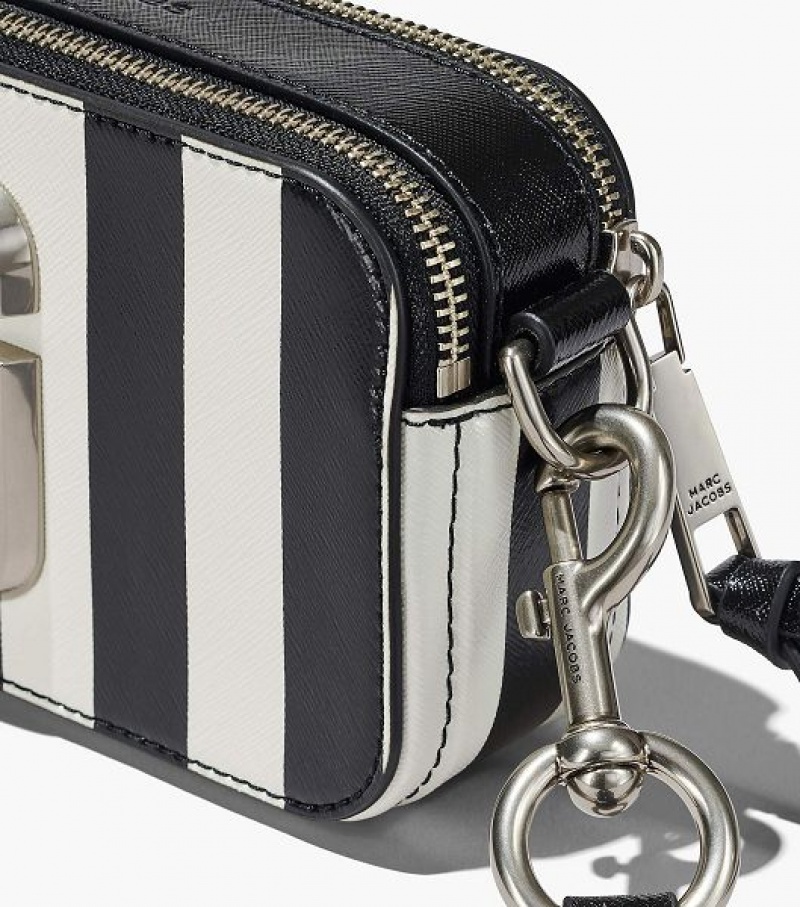 Black / White Marc Jacobs The Striped Snapshot Women's Crossbody Bags | 59763VNLQ