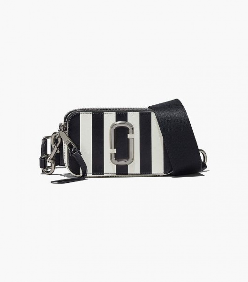 Black / White Marc Jacobs The Striped Snapshot Women\'s Crossbody Bags | 59763VNLQ