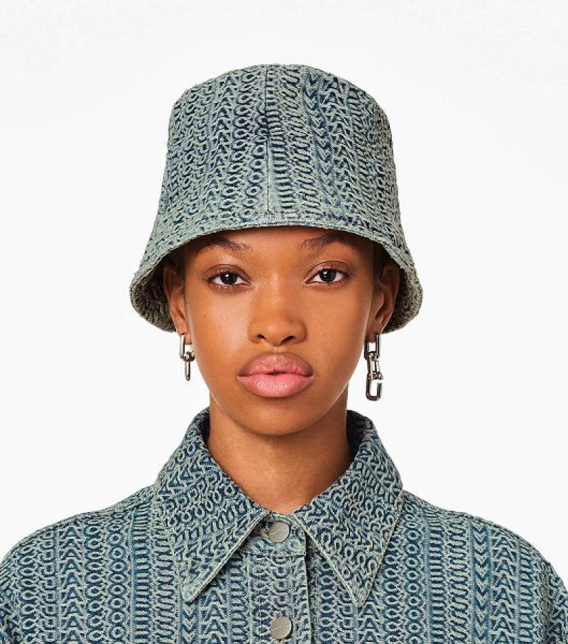 Orange / Blue Marc Jacobs The Washed Monogram Denim Women's Bucket Hats | 08796LZHU