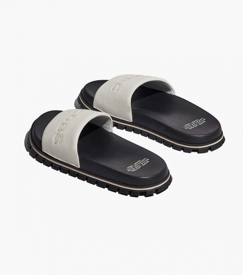 White Marc Jacobs The Leather Women's Slides | 93742TGSJ