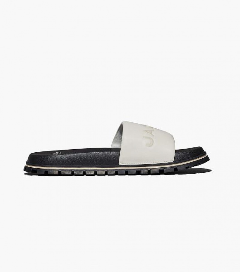 White Marc Jacobs The Leather Women's Slides | 93742TGSJ