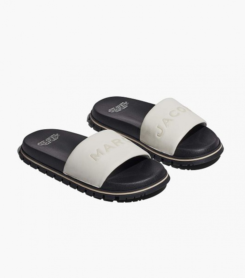 White Marc Jacobs The Leather Women\'s Slides | 93742TGSJ